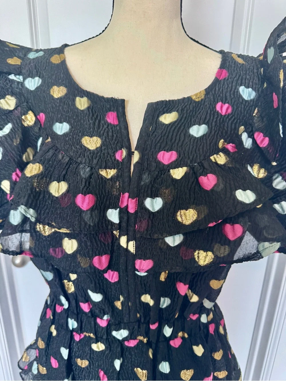 Women’s Buddy Love Black Heart Print Ruffle Dress with Gold Accent - Picture 2 of 9
